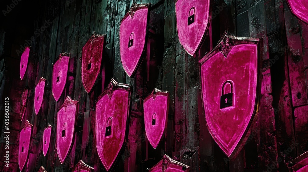 Poster a dynamic display of glowing shields with locks above a dark digital backdrop, representing safety a