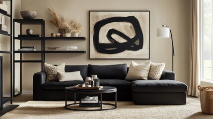 A modern living room featuring beige walls, a black sectional sofa, and black metal shelving