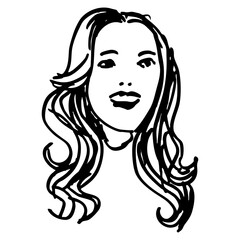 Female portrait. Head of a pretty smiling young woman with long loose blond hair. Hand drawn linear doodle rough sketch. Black and white silhouette.