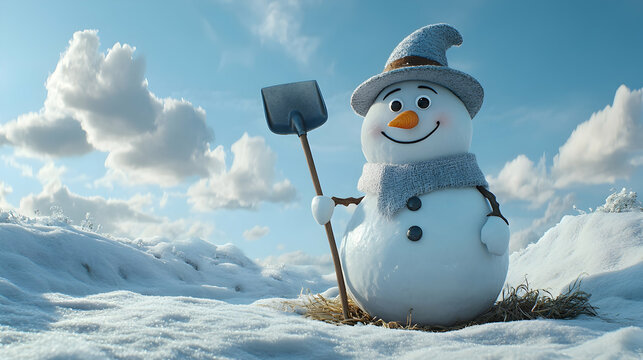 Cute Snowman Holding Shovel in Snowy Landscape with Blue Sky