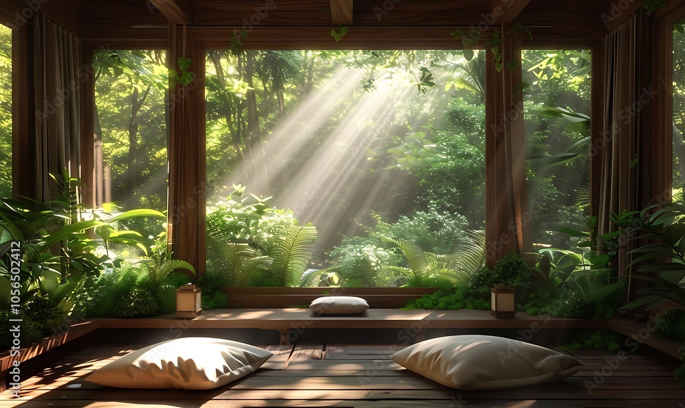 Poster a tranquil interior space with soft cushions and sunlight streaming through large windows, surrounde