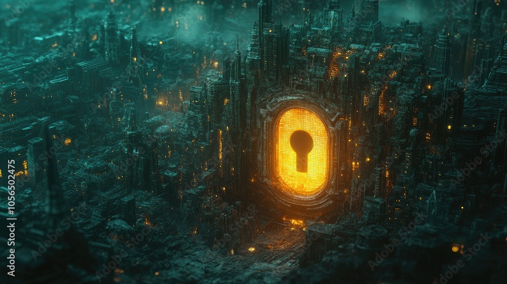 Poster a glowing digital lock with a keyhole radiates soft light, surrounded by flowing data streams, empha