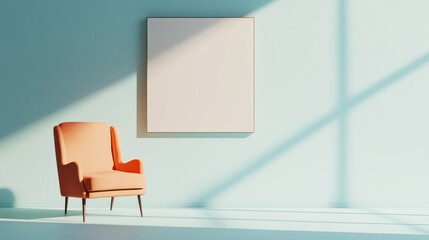 Fototapeta premium A stylish, peach-colored armchair in a serene, sunlit room with a blank canvas on the wall, creating a tranquil atmosphere.
