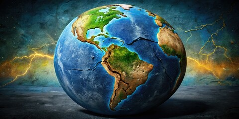 Visualize a divided Earth, reflecting the consequences of deglobalization and global challenges, showcasing the need for cooperation in an increasingly fragmented world.