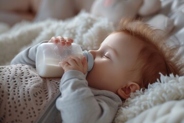 A cute newborn peacefully drinking from a bottle while lying on a cozy blanket in a serene indoor setting