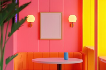 A vibrant interior featuring a cozy booth, pink walls, and bold yellow accents, perfect for a trendy caf� vibe.
