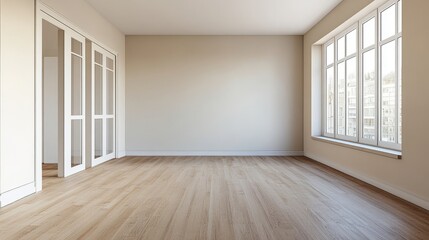 Obraz premium Sunlit empty room with large windows, wooden flooring, and neutral walls in a modern apartment, ready for interior design.