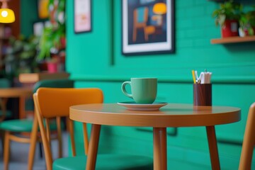 A cozy cafe scene featuring a green mug on a wooden table, surrounded by vibrant decor and lush plants.