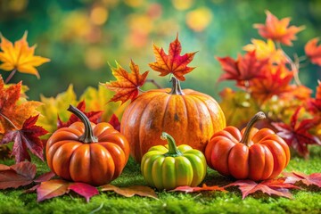 Vivid green backdrop showcases artificial pumpkins nestled among colorful maple leaves, celebrating autumnâ€™s rich hues and inviting a festive, seasonal atmosphere into any decor.