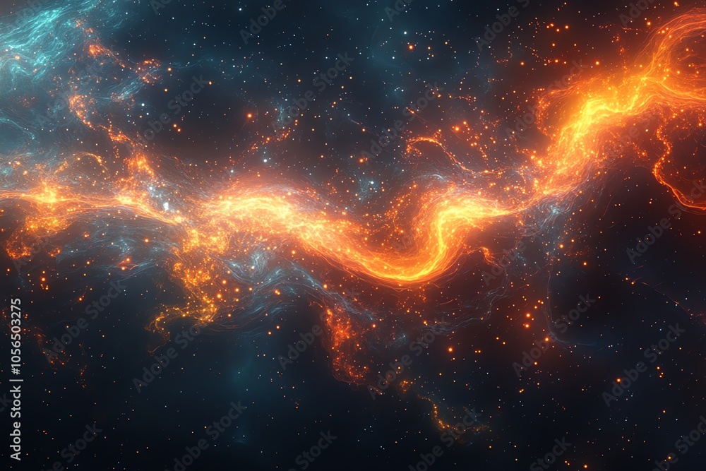 Poster abstract digital art with glowing orange and blue lines in a dark background.