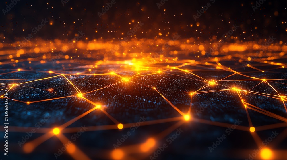 Poster abstract glowing network with orange and blue colors and connected lines.