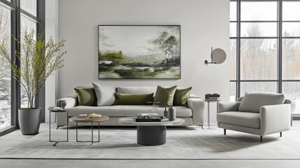 A modern living room featuring light gray concrete floors, a gray sofa, and sage green throw pillows