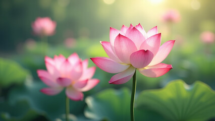 Fototapeta premium Beautiful Pink Lotus Flowers and Leaves in a Sunlit Pond.