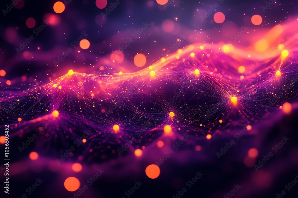 Poster abstract digital background with glowing particles and bokeh lights in vibrant pink and orange hues.