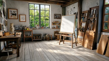 A serene artist's studio with natural light pouring in, featuring an empty canvas on an easel surrounded by creative tools.