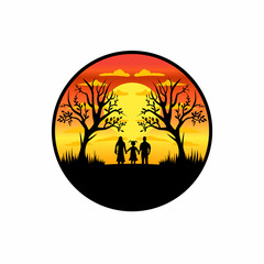 Vector illustration design of a sunset view of the evening sun approaching night, orange sky with silhouettes of a small family, mother, child, and father standing.