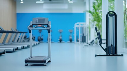 A modern gym interior featuring a treadmill in focus, bright blue walls, and various exercise equipment in the background.