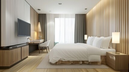 White Comfort Background in Hotel Rooms offers a serene and inviting atmosphere. A perfect blend of elegance and relaxation for guests seeking a luxurious stay