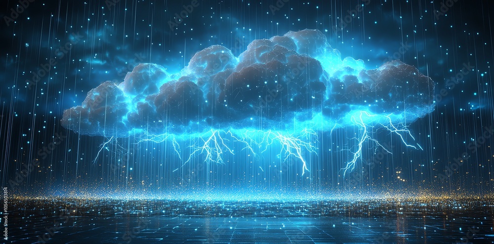 Poster a stormy digital cloud with lightning bolts and data rain.
