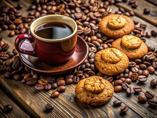 Warm coffee cookies sit on a rustic table, surrounded by scattered coffee beans and a steaming cup, creating an inviting, cozy atmosphere perfect for indulgence.