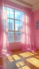A bright and airy pink room with sunlight streaming through the windows