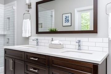 Fototapeta premium Modern bathroom with double sinks and elegant decor in a neutral color palette.