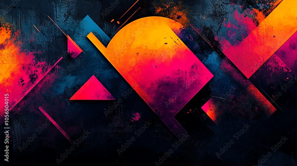Poster abstract geometric shapes with vibrant colors and a grunge texture on a dark background.