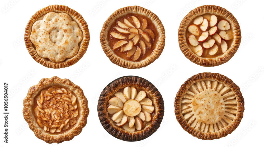 Poster delicious apple pies in various styles arranged on a clear backdrop generative ai