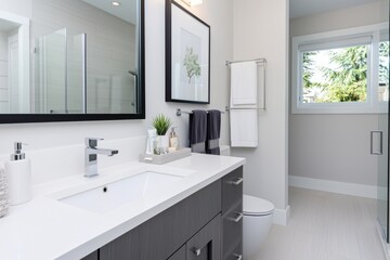 Modern bathroom with clean lines featuring a sleek vanity, neutral colors, and natural light.