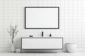 A modern minimalist bathroom featuring sleek white cabinetry and black accents.