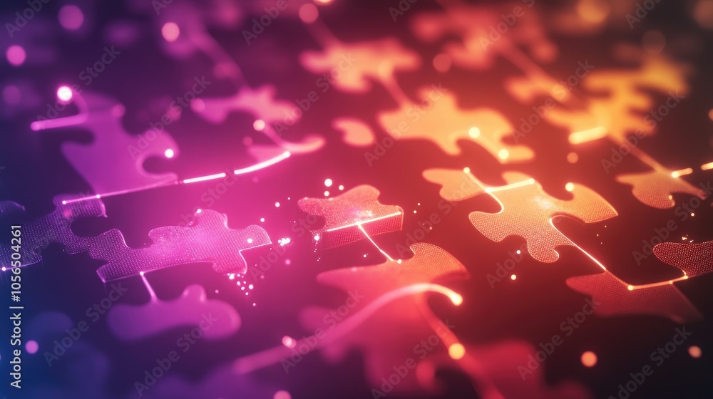 Poster Abstract background with connected puzzle pieces, glowing tech lines and smooth data flow