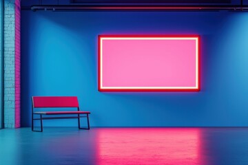 A minimalist modern interior featuring a vibrant neon pink frame on a blue wall, with a sleek bench in the foreground.