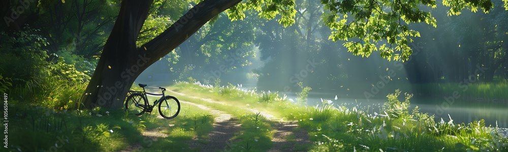 Poster a tranquil scene of a bicycle resting under a tree, bathed in soft sunlight, along a serene pathway 