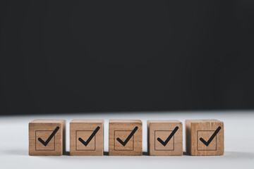 Checklists, Reminder App, Task lists, Survey, assessment online forms. Goals achievement and business success. Company objective achievement and business success. Check mark icon on wooden blocks.