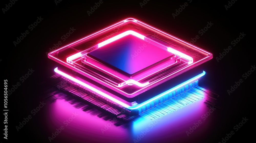 Poster Advanced AI chip with neon accents and dynamic data streams, high-tech and futuristic