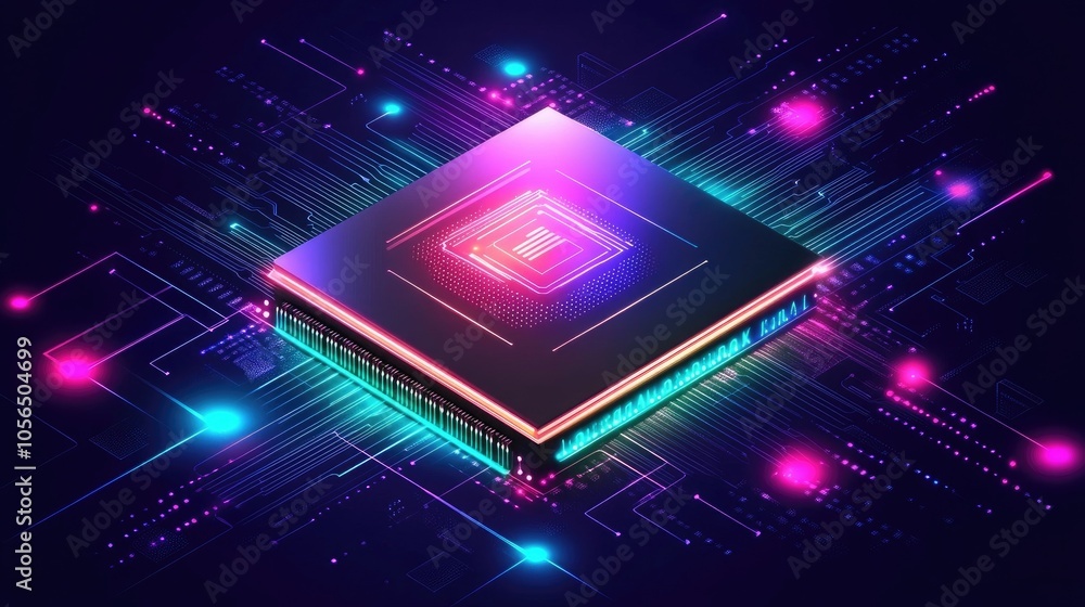 Poster Advanced AI chip with neon accents and dynamic data streams, high-tech and futuristic