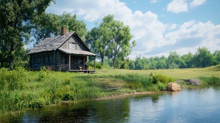 Fototapeta premium A rustic log cabin by a serene lake, surrounded by lush greenery under a bright blue sky.