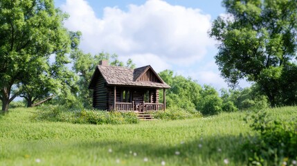 Obraz premium A serene wooden cabin surrounded by lush greenery and blooming flowers in a sunny landscape.