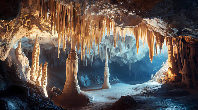 Glistening cave with stalactites and stalagmites, hyperrealistic photo. glistening cave. illustration. Cave with Stalactites. Illustration