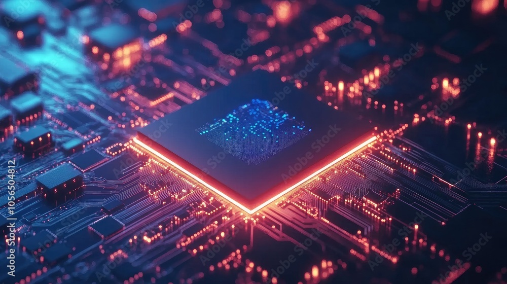Poster ai chip illuminated by neon and surrounded by data streams, futuristic tech vibe