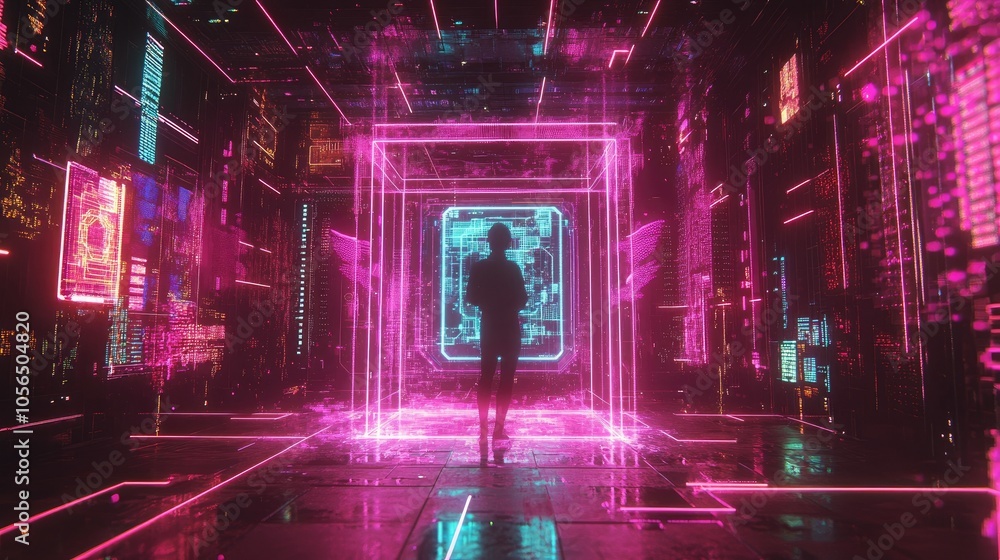 Poster ai chip illuminated by neon and surrounded by data streams, futuristic tech vibe