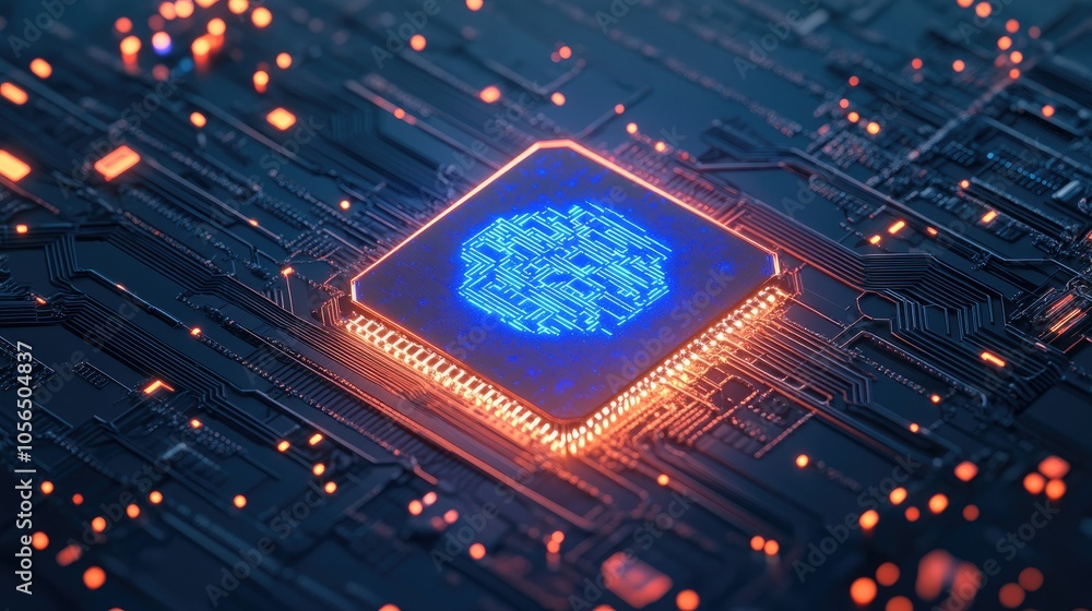 Poster ai chip illuminated by neon and surrounded by data streams, futuristic tech vibe