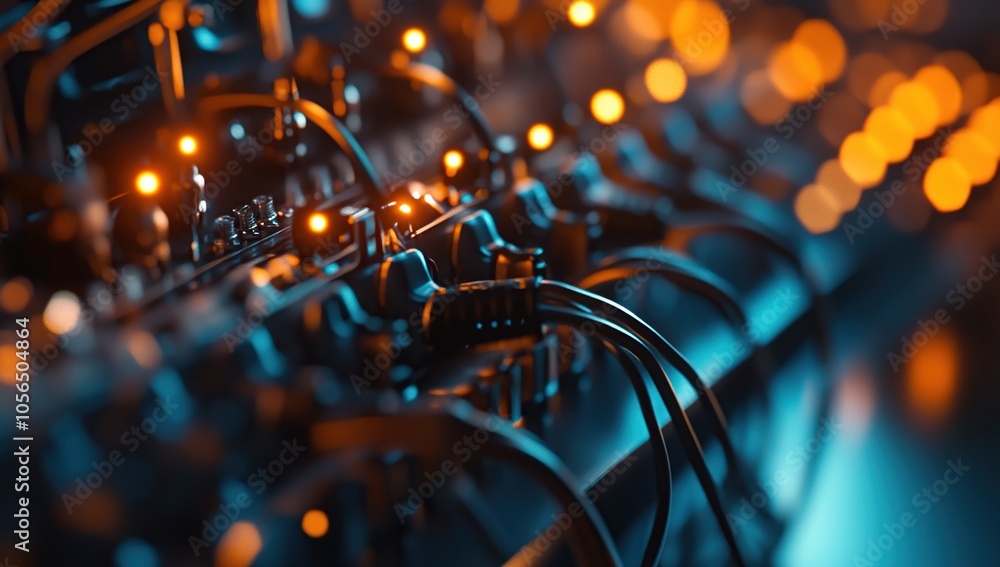 Poster close-up of a complex network of cables and connectors with glowing lights in the background.