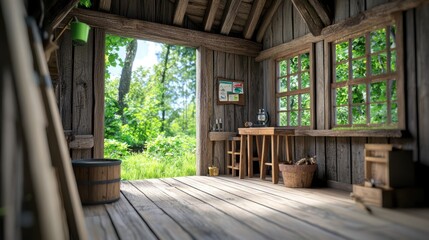 Inviting interior of a rustic wooden cabin, featuring natural light, greenery, and a cozy atmosphere.