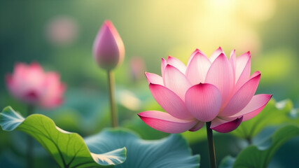 Obraz premium Beautiful Pink Lotus Flowers and Leaves in a Sunlit Pond.