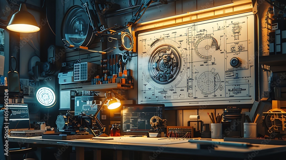 Poster a dimly lit workshop filled with tools, a detailed wall map, and various objects, creating a mysteri