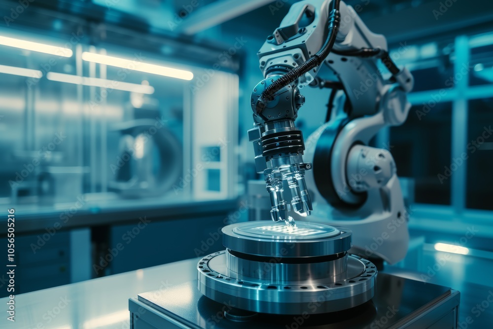Poster a futuristic robotic arm meticulously assembling components in a high-tech laboratory environment du