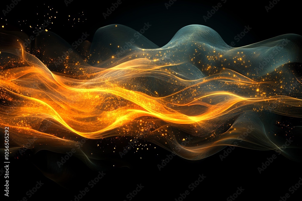 Poster abstract glowing wave with golden particles on a dark background.