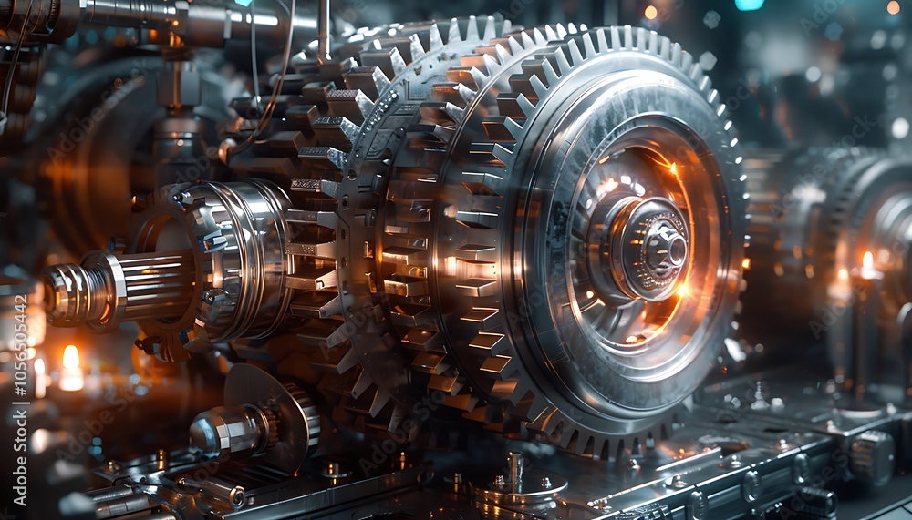 Poster a close-up view of intricate and gleaming mechanical gears, showcasing detailed craftsmanship and a 