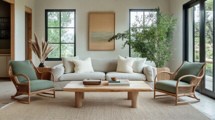 Fototapeta premium A modern living room with a light gray sofa, sage-colored accent chairs, and a natural wood coffee table to create a calm and natural atmosphere